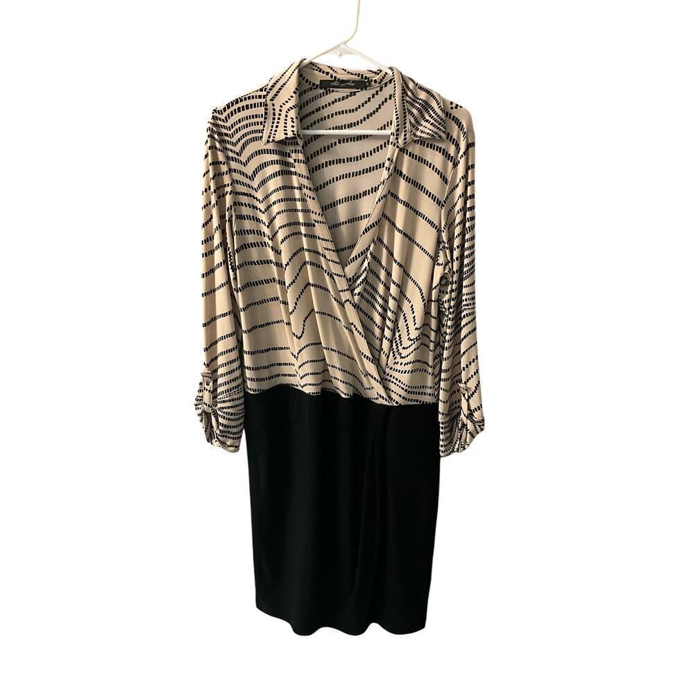 Alex and Ava by Komarov Mini Dress Geo Long Sleeve Faux Wrap Black Tan Large NEW